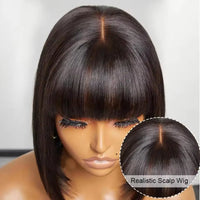 2x1 Straight Bob Lace Closure Wigs with Bangs for Women - Brazilian Hair, Short Straight Wigs With Realistic Scalp, 8-14 Inches