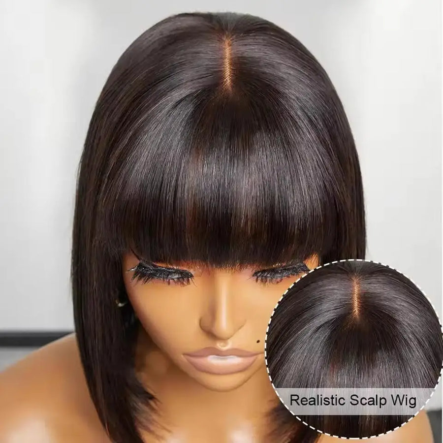2x1 Straight Bob Lace Closure Wigs with Bangs for Women - Brazilian Hair, Short Straight Wigs With Realistic Scalp, 8-14 Inches