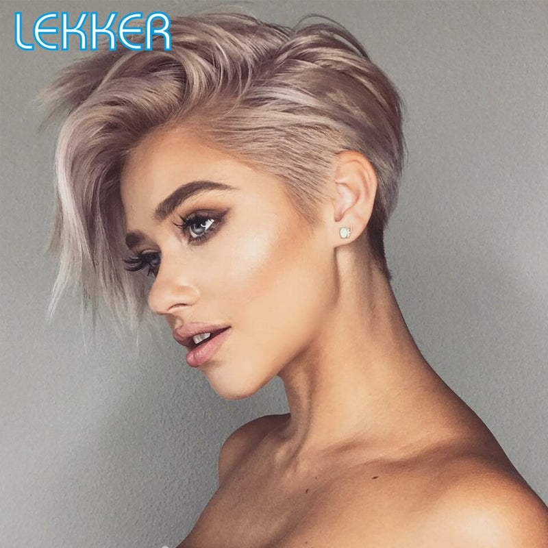 Lace Pixie Part Human Hair Short Straight Bob With Bangs - Brazilian Remy Wigs, Natural, Glueless Ombre Colors for Women and Girls