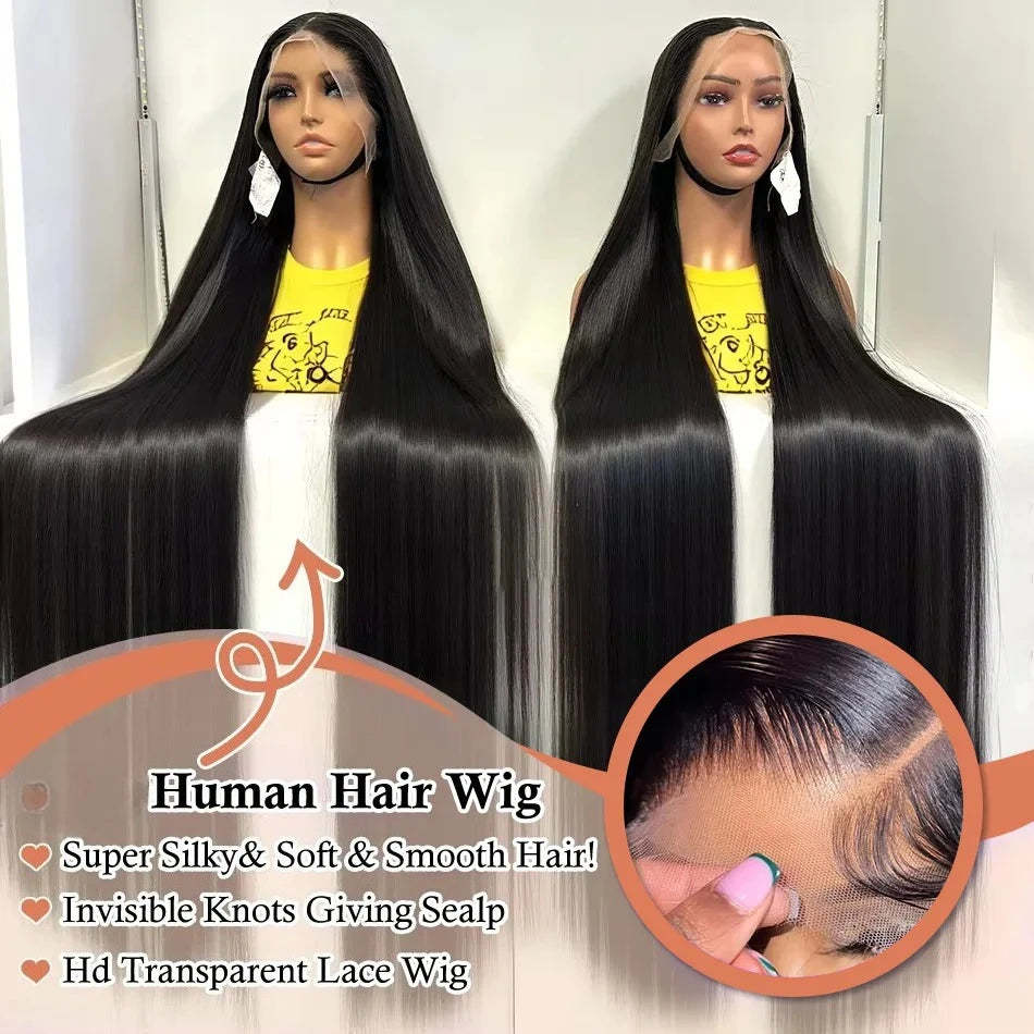 250% 40 Inch Straight Lace Front Wigs - Human Hair 13x6 HD Lace Frontal Wig, 13X4 Bone Straight, Pre-Plucked for Women