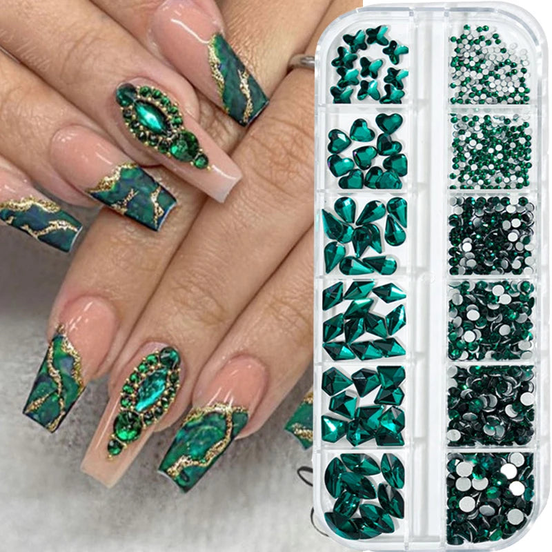 12Gird Box Multi Size AB/Colorful Non-Hotfix Rhinestones Flatback Crystal Diamond Gems 3D Glitter Nail Art Luxurious Decorations SWEET T 52