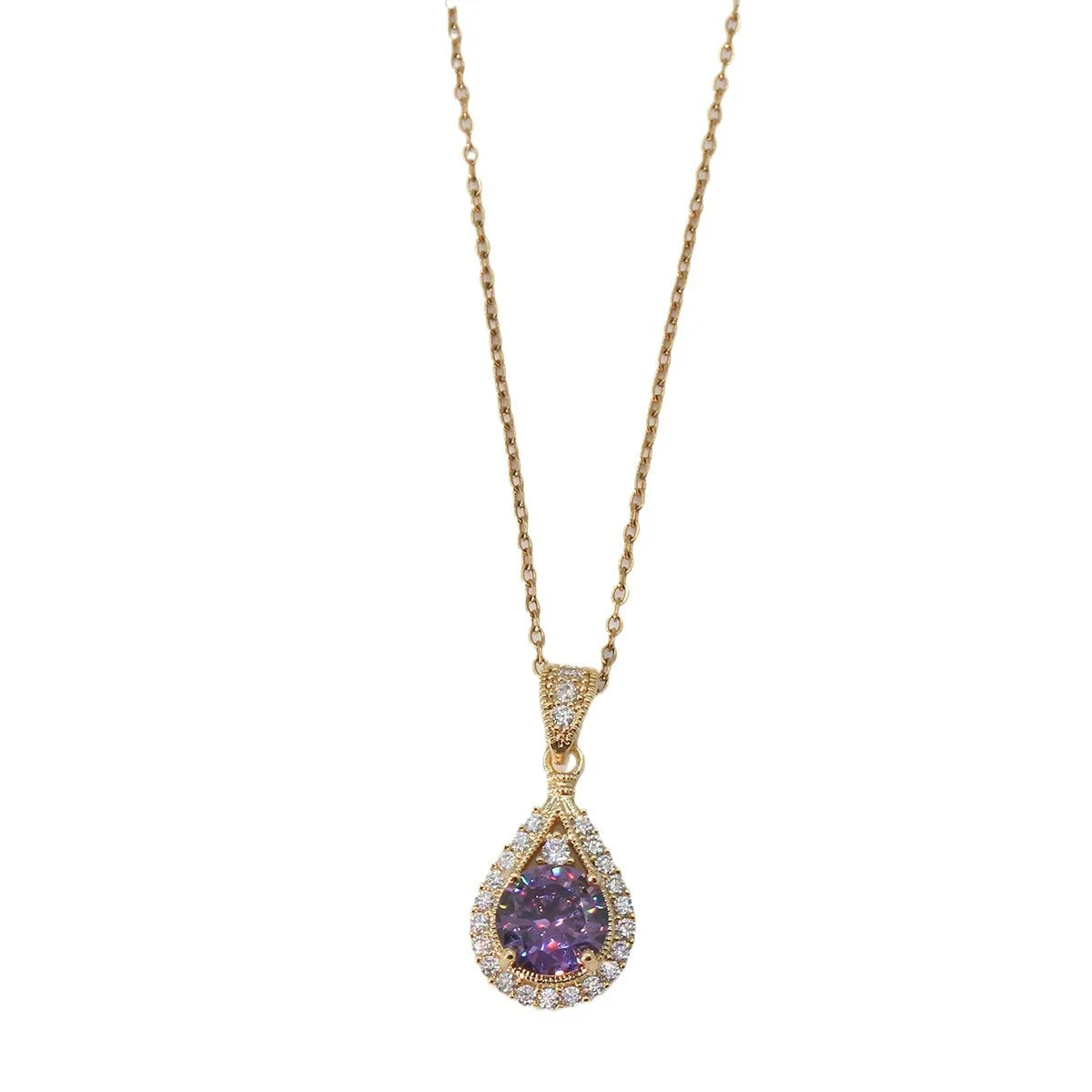 Romantic Vintage Teardrop Necklace for Women, Round Purple Stone Halo Setting - Gold Plated Pendant Necklace