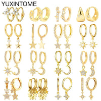 925 Silver Needle Star Hoop Earrings for Women - Five-pointed Star and Moon Pendant Huggie Earrings