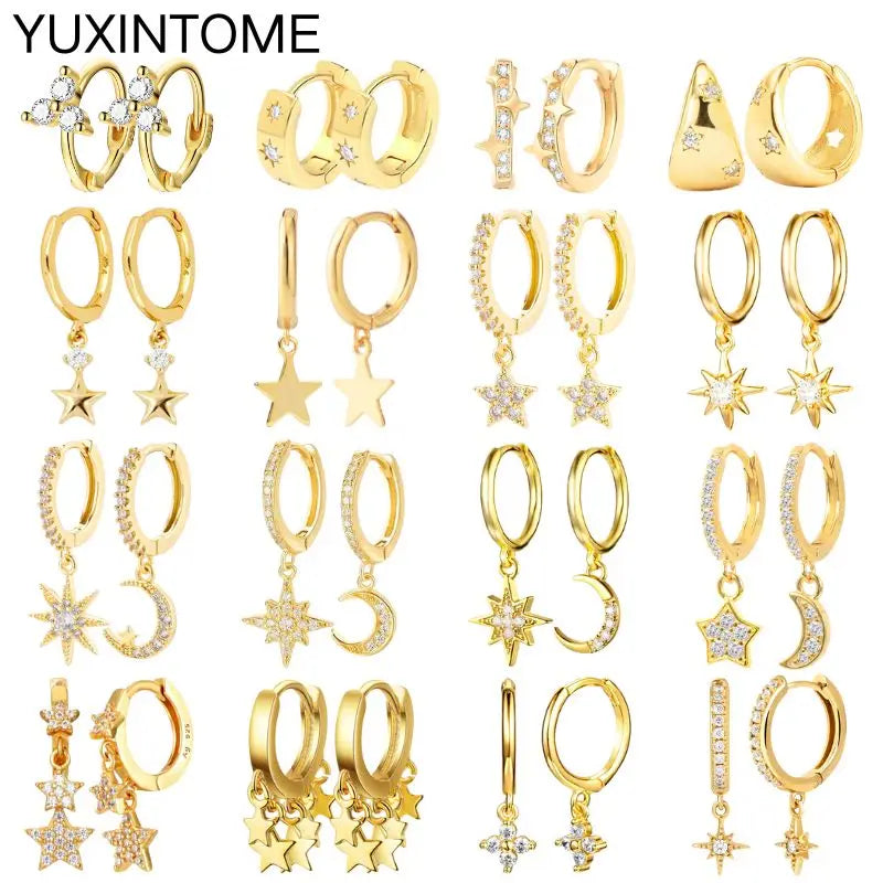 925 Silver Needle Star Hoop Earrings for Women - Five-pointed Star and Moon Pendant Huggie Earrings