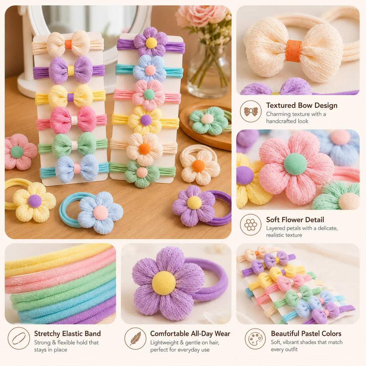 Flower Bow Hair Ties for Girls, 12 Pack