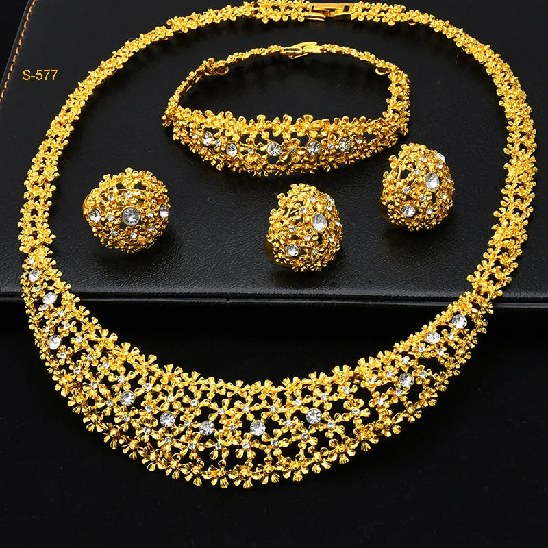Arabic Dubai Jewelry Sets for Women & Girls - Earrings, Necklace, Bracelet & Ring. African Gold Color Necklace Sets