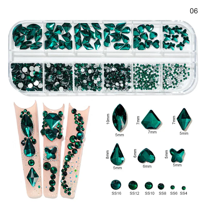 12Gird Box Multi Size AB/Colorful Non-Hotfix Rhinestones Flatback Crystal Diamond Gems 3D Glitter Nail Art Luxurious Decorations SWEET T 52