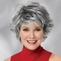 Short Grey Wigs for Women - Razor Cut Shaggy Wig with Bangs. Synthetic Hair Wigs, Short Wavy Layered Cut with Wispy Loose Curls