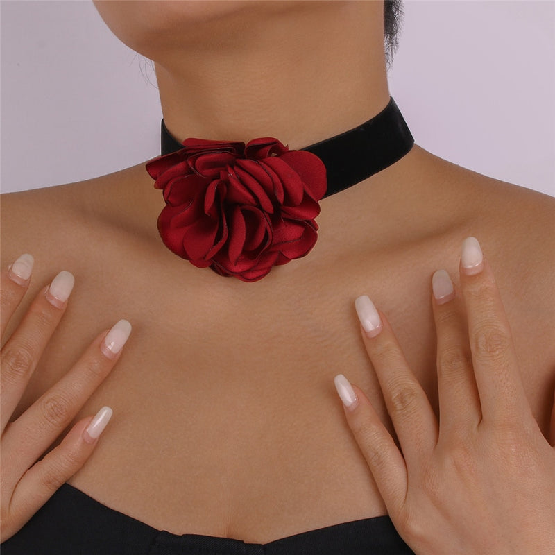 Elegant Red (Black Lace) Big Flower Clavicle Chain Necklace for Women & Girls - Wedding/Holiday/Party/Birthday Jewelry