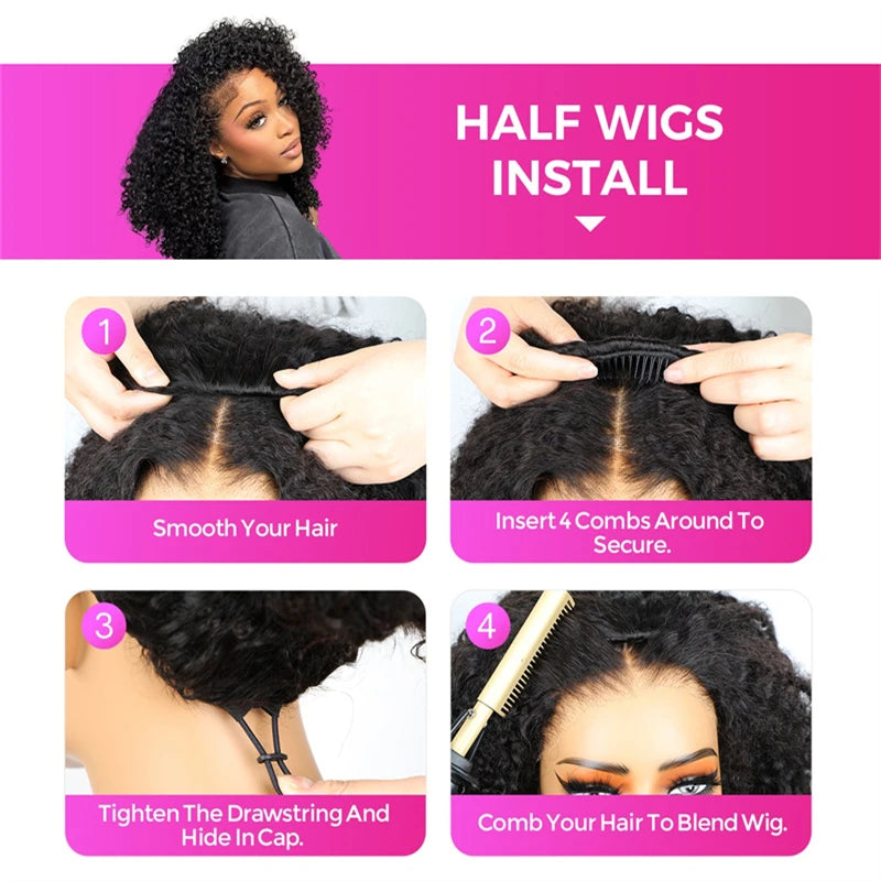 VSHOW 3 IN 1 Half Wig Wear and Go Kinky curly Highlight Ombre Brown Human Hair Pre-Styled Wig Invisible Hairline with Drawsting SWEET T 52