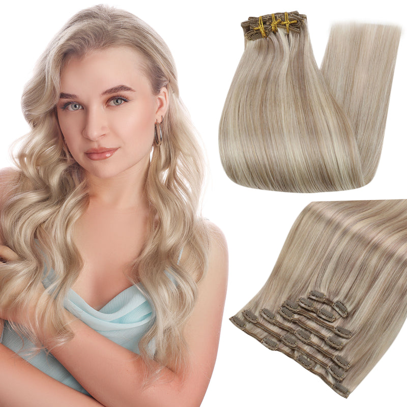 Clip-in Hair Extensions - Human Hair Clips Balayage (highlights) 7pcs, 120g, Double Weft Human Hair Extensions for Women and Girls, 12 Inches
