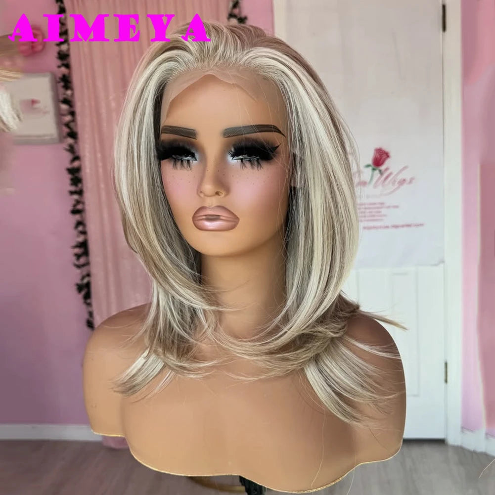 Blonde Highlights Wig - 13x4 Layered Cut Lace Front Wig for Women, Shoulder Length, Heat Resistant Synthetic Hair