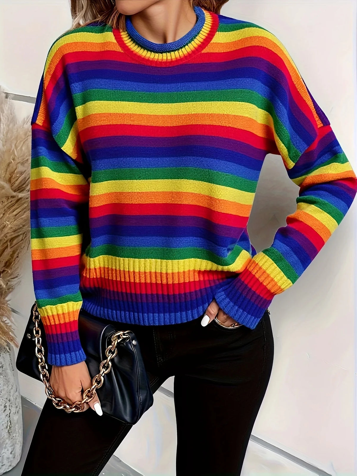Autumn & winter new Japanese retro round neck sweater with rainbow stripes leading the fashion trend