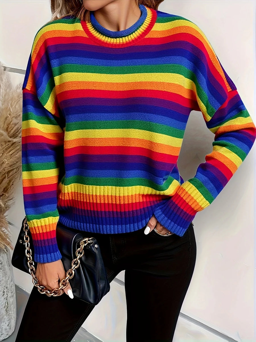 Autumn & winter new Japanese retro round neck sweater with rainbow stripes leading the fashion trend