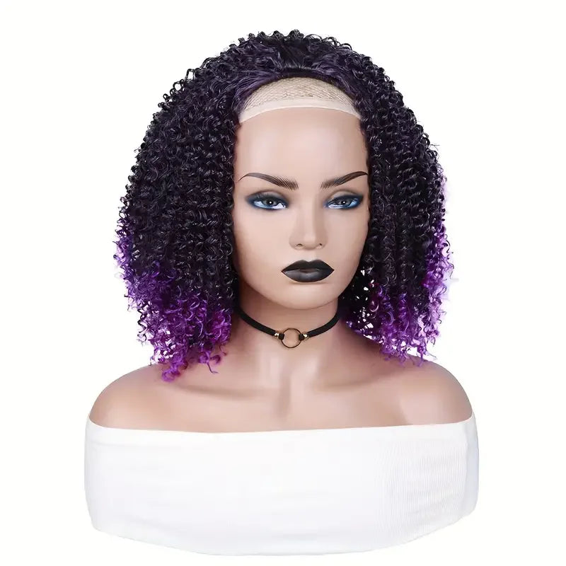 3/4 - Half Wigs, Short Synthetic Afro Curly Wigs, Purple Wigs for Women & Girls , Kinky Curly Bob