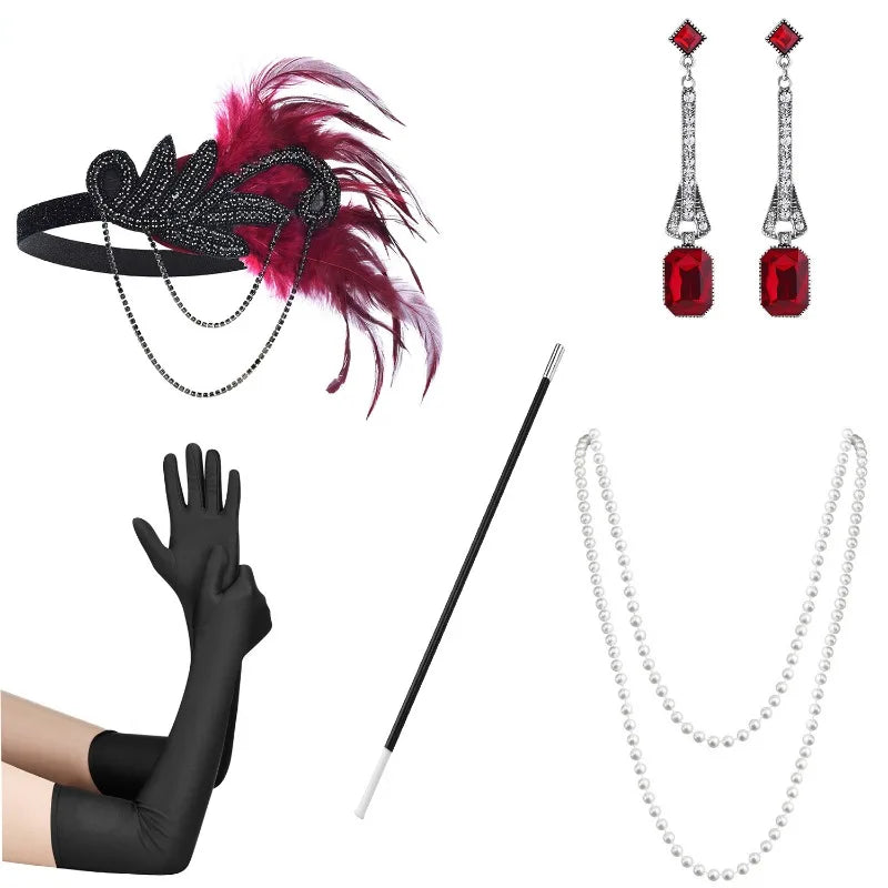 5pcs 1920s Dressed Up Ball Wearing Feather Headband, Gloves, Earrings & Necklace for Female Flapper Girl - Gatsby Accessories for Party