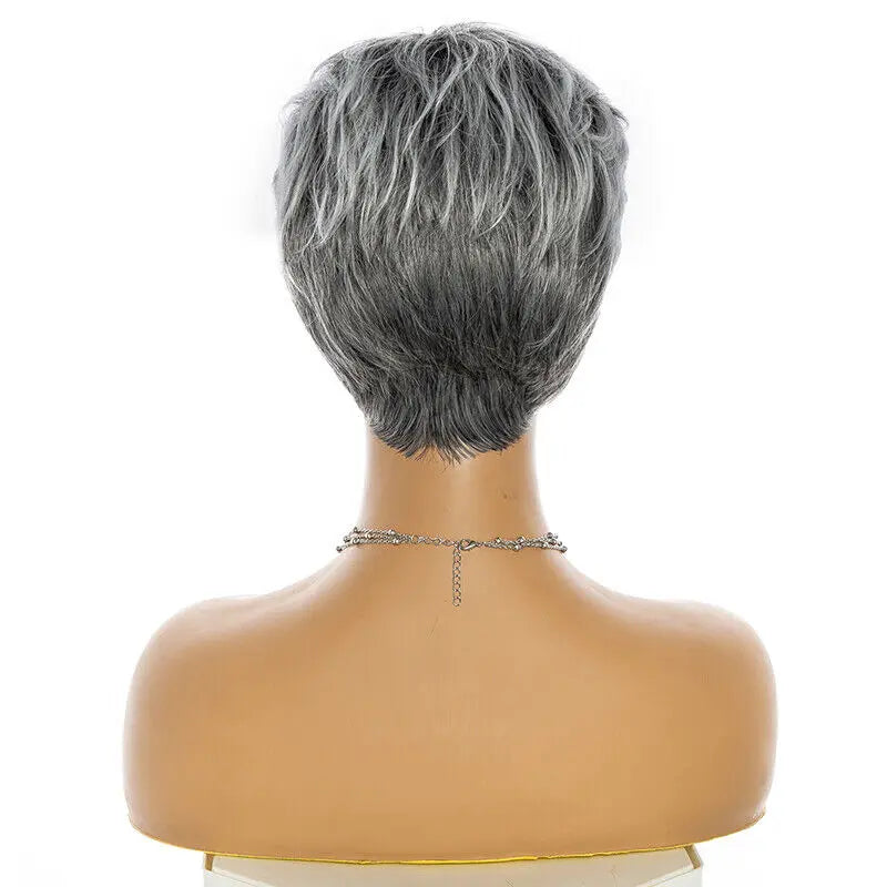 Short Black Root Grey Cut,  Straight Slightly Layered Synthetic Wig for Women & Girls