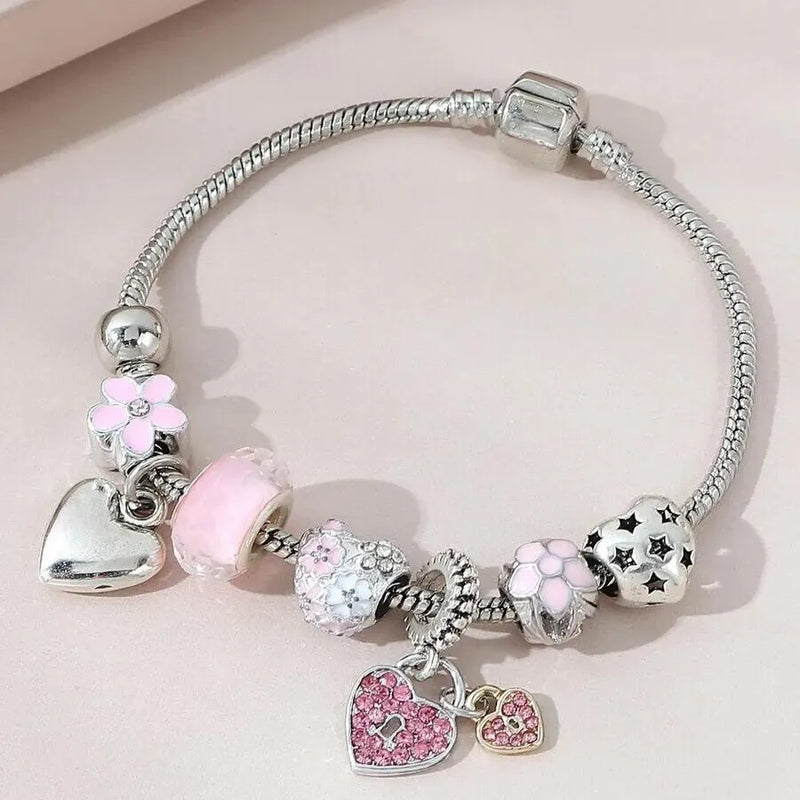 Love/Heart/Flower/Glass Pendant Charm Bracelet. Classic Pink White Crystal Stone, Adjustable, Silver/Gold Color