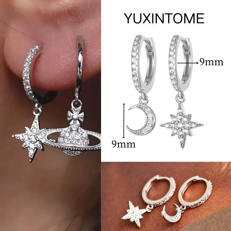 925 Silver Needle Star Hoop Earrings for Women - Five-pointed Star and Moon Pendant Huggie Earrings