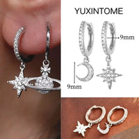 925 Silver Needle Star Hoop Earrings for Women - Five-pointed Star and Moon Pendant Huggie Earrings