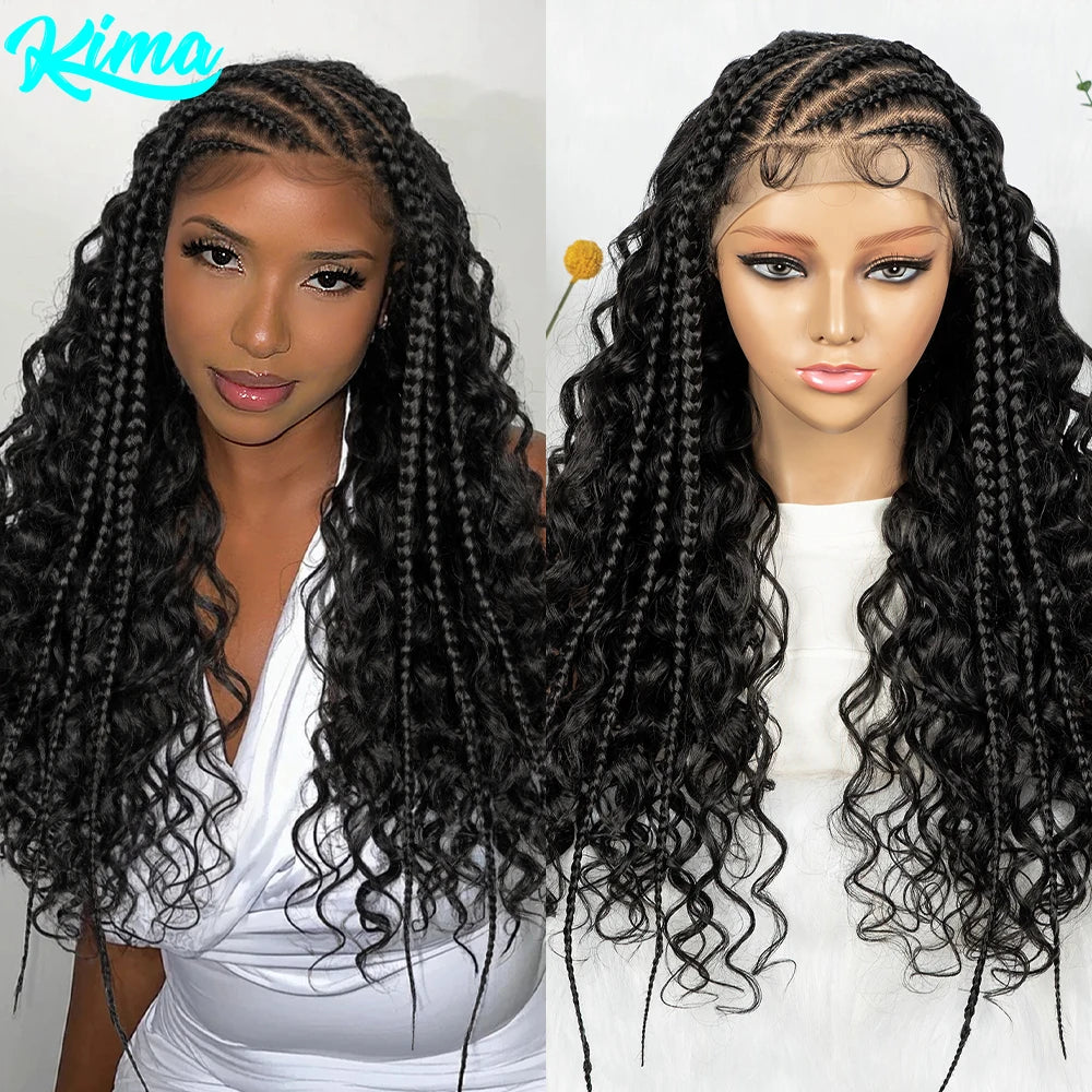 Cornrow Synthetic Braided Wigs 13*6 Lace Front Wig  Knotless Box Braided Wig Partition Design with Curly Hair for African Women Sweet T 52