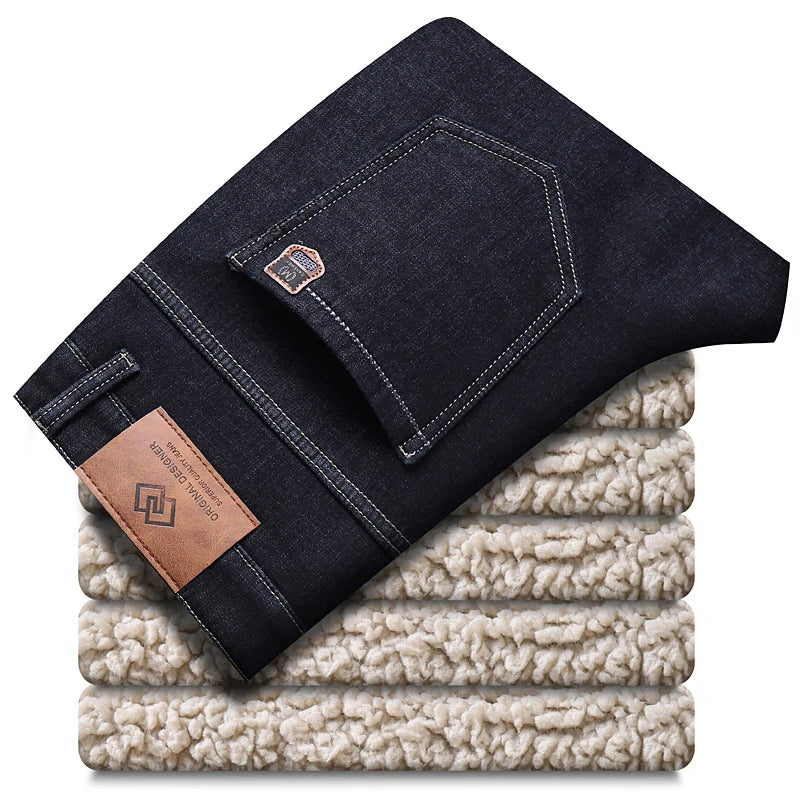Winter Men's Fleece Thick Sherpa Jeans Business Casual Velvet Straight Denim Pants Male Wool Plush Classic Stretch Trousers Sweet T 52