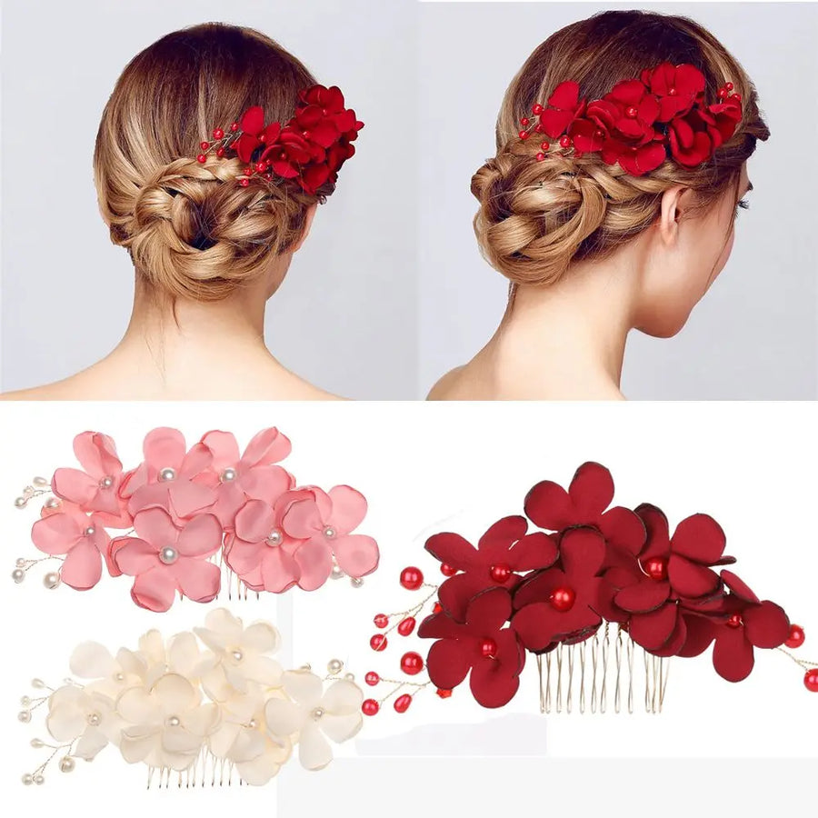 Fashion Bridal Wedding Bridesmaid Red/Pink/Champagne Romantic Flower Hair Clip Hairpin Comb Accessories