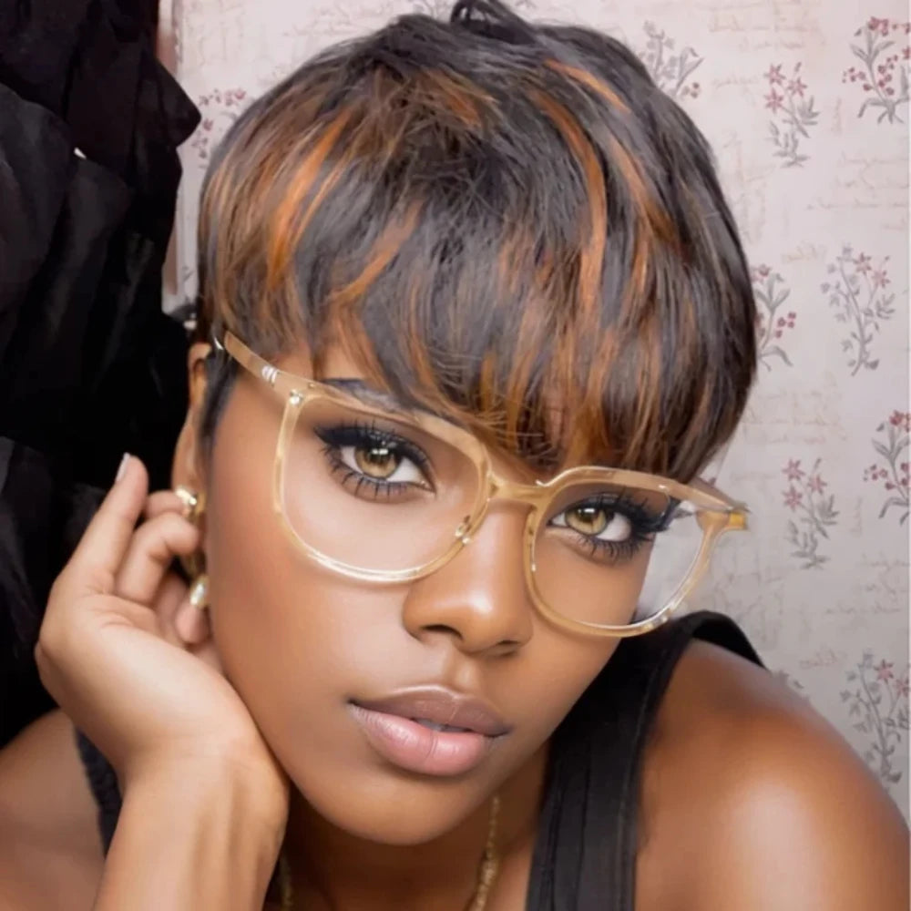 1B/30 Color Straight Human Hair Wig Pixie Cut Human Hair Wig With Bangs Full Machine Made Wig Ombre Colored Wig Sweet T 52