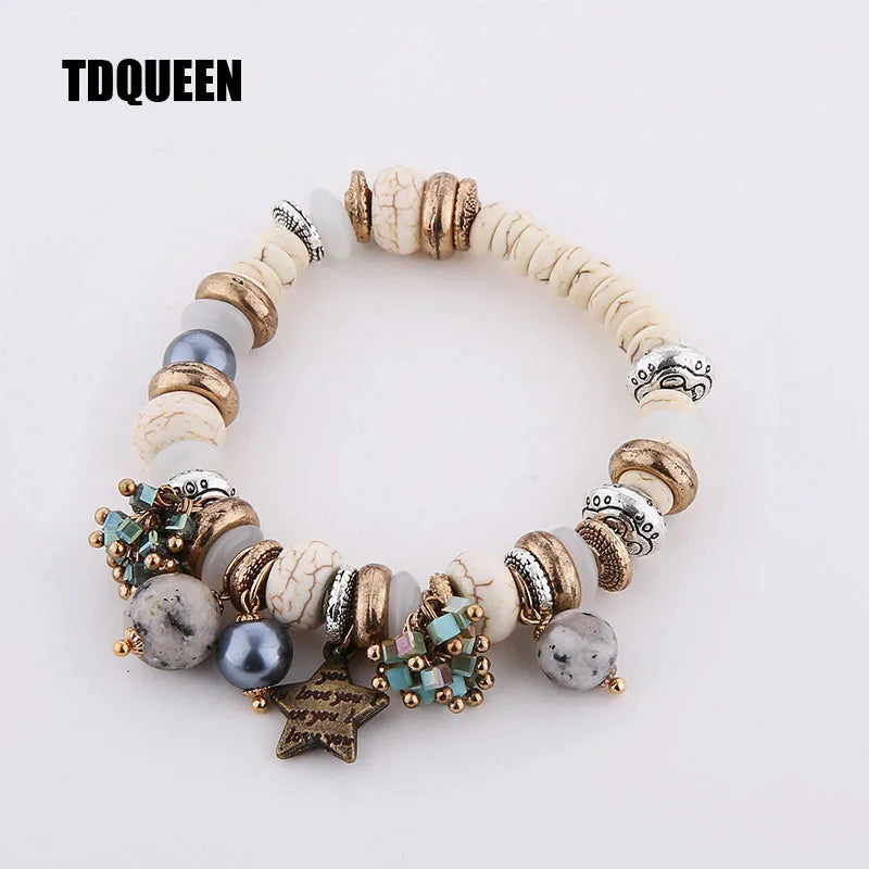 Natural Stone Bracelets - Gold Color Metal, Star Charm, White Beads, Elastic Bracelet. Luxury Fashion Jewelry Bracelets for Women