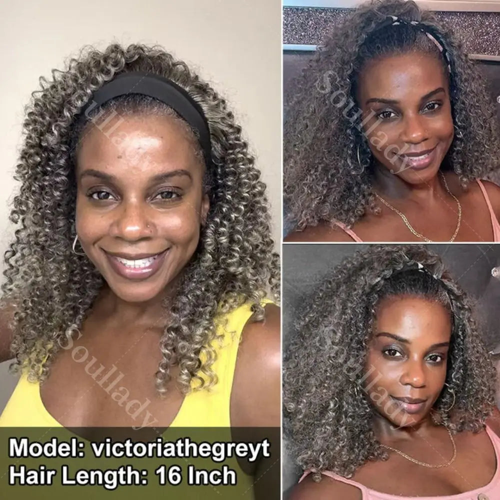 Silver Gray Jerry Curly Human Hair Headband Wig Salt And Pepper Color Brazilian Kinky Curl Grey Human Hair Wigs For Mature Women