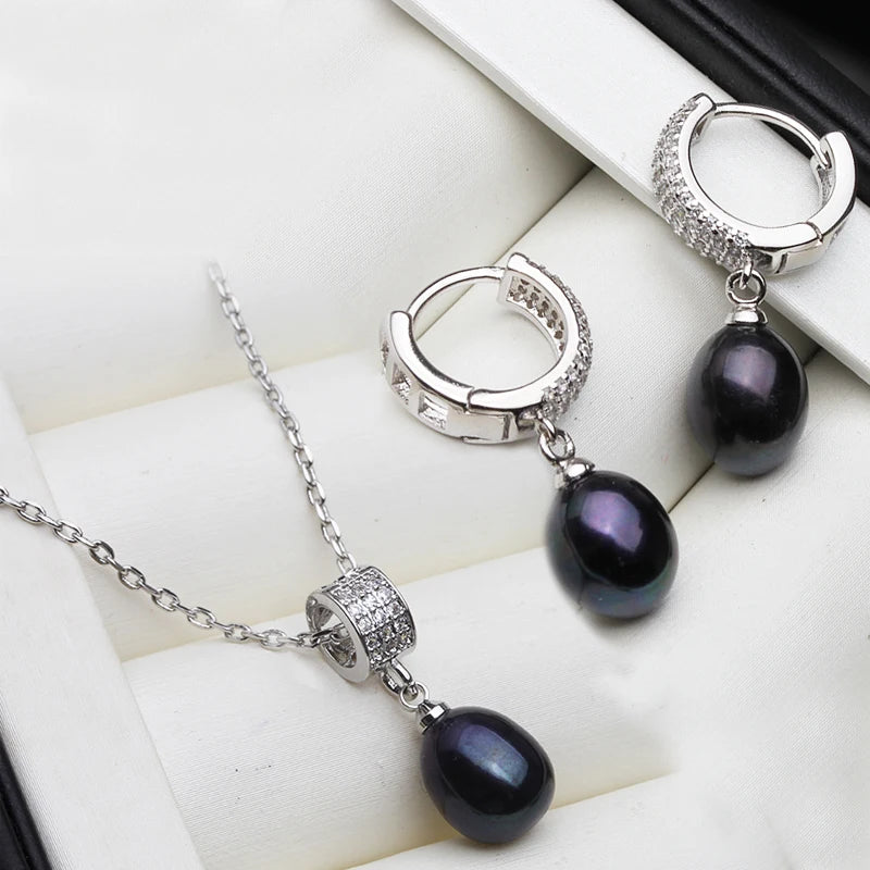 Genuine Natural Pearl Necklace And Earring Set for Women - Trendy 925 Silver Pearl Jewelry Set for Annniversary or Gift in 5 Colors