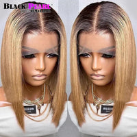 Ombre Straight Bob 13x6X2 Lace Front Wigs. Human Hair Short Bob Wigs, Ash Blonde Remy Hair, Pre-Plucked, Glueless Wig.