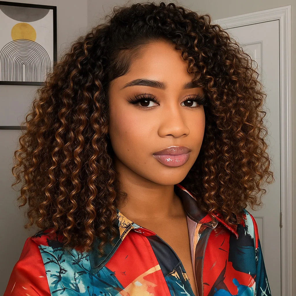 1B/30 Highlight Water Wave Half Wig Human Hair Seamless Flip Over Wig Draw-strings Invisi Ombre Brazilian Remy 3/4 Half Wigs Sweet T 52