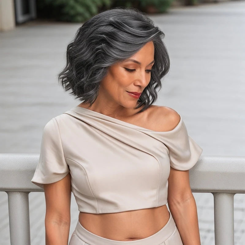 Soft Salt & Pepper Short Body Wave Wig, 5x5 Lace Front Human Hair Wig