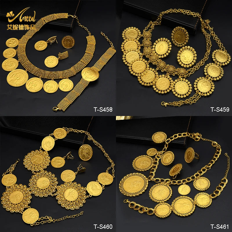 ANIID Ethiopian 24K Gold Color Coins Jewelry Set African Hawaiian Luxury Necklace Bracelet Pendant Set Dubai Wedding Gifts Sweet T 52