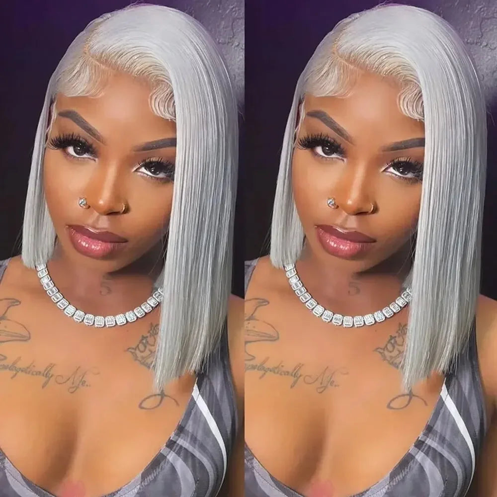 Silver Grey Bob Wig — 13x6 Transparent Lace Frontal, Pre-Plucked, Ships from USA