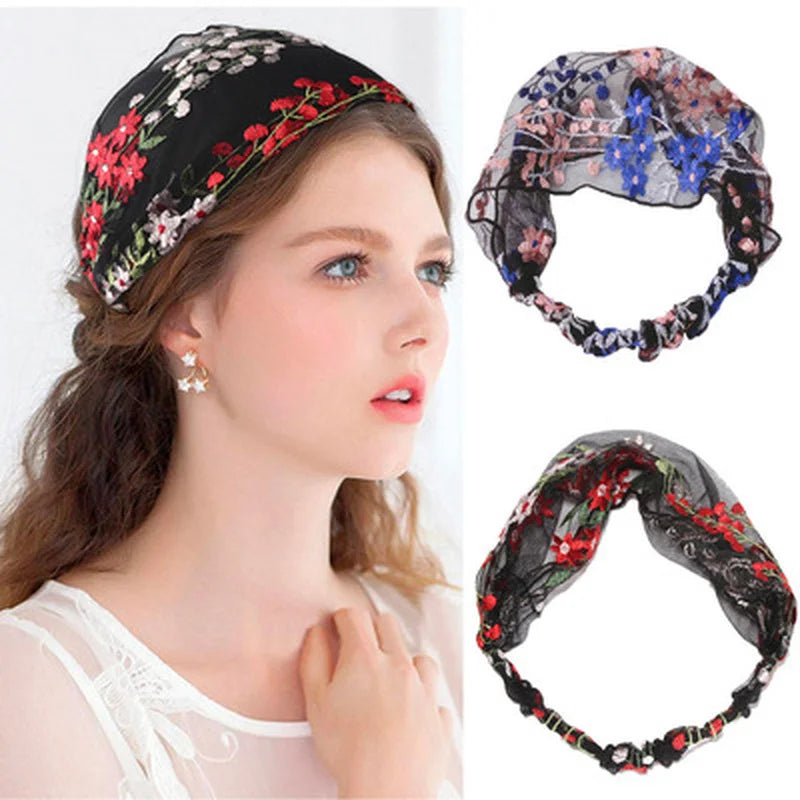 Elegant Lace Headbands for Women & Girls, Fashion Embroidery, Elastic Ribbon Hair Hoops, Non-slip Hair Bands