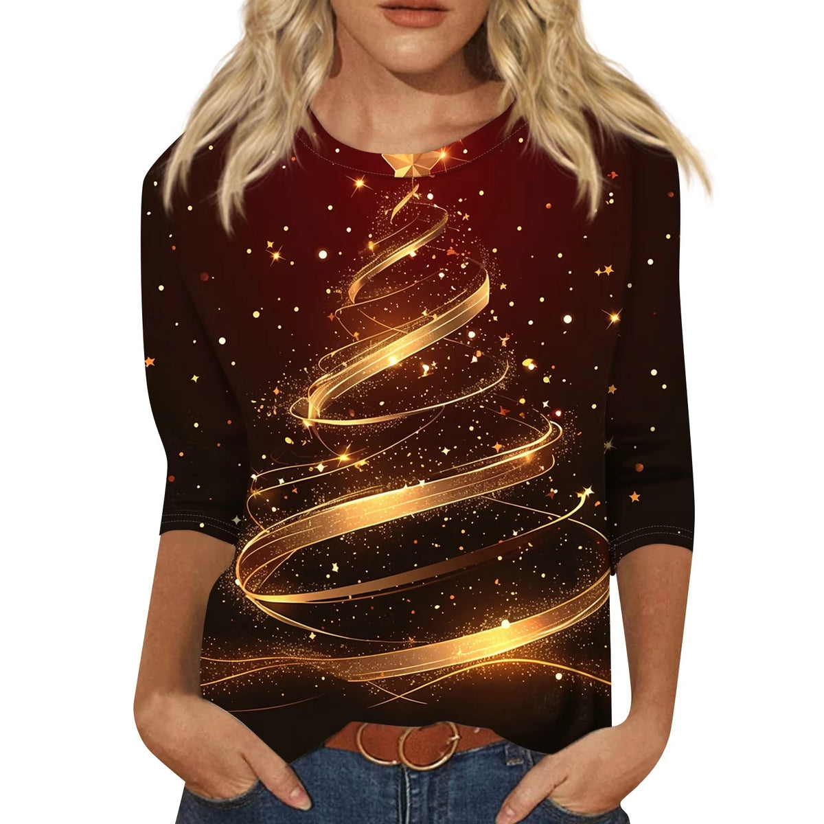 Christmas Limited Edition Women's 3D Red Snowflake Print Round Neck Long Sleeve T-shirt Fashion Casual Long Sleeve Top