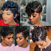 Short Pixie Cut Human Hair Wigs for Women - 6 Inch Short Curly Wave Wigs - 200/250% Density, Glueless