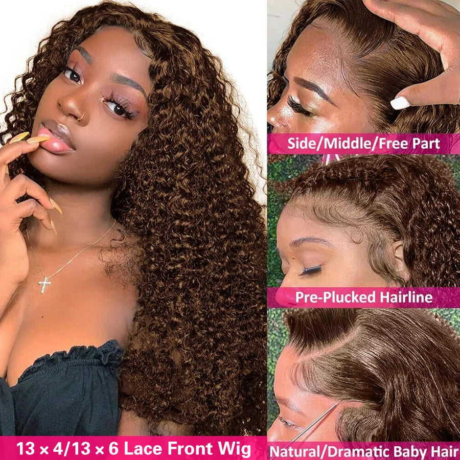 13x4 Chocolate Brown Deep Wave Lace Front Wig Bleached Knots HD Transparent 13x6 Lace Frontal Wig Brown Curly Human Hair Wigs Sweet T 52