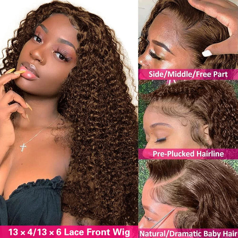 13x4/13x6  Chocolate Brown, Deep Wave, Lace Front Wigs. HD Transparent Lace Front Wigs, Curly Human Hair Wigs