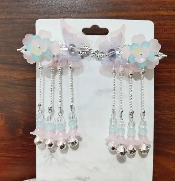 2pcs/set Chinese Style Pink Blue Flower Pearls, Long Tassel Hairpins, Clips, Headpieces for Kids.