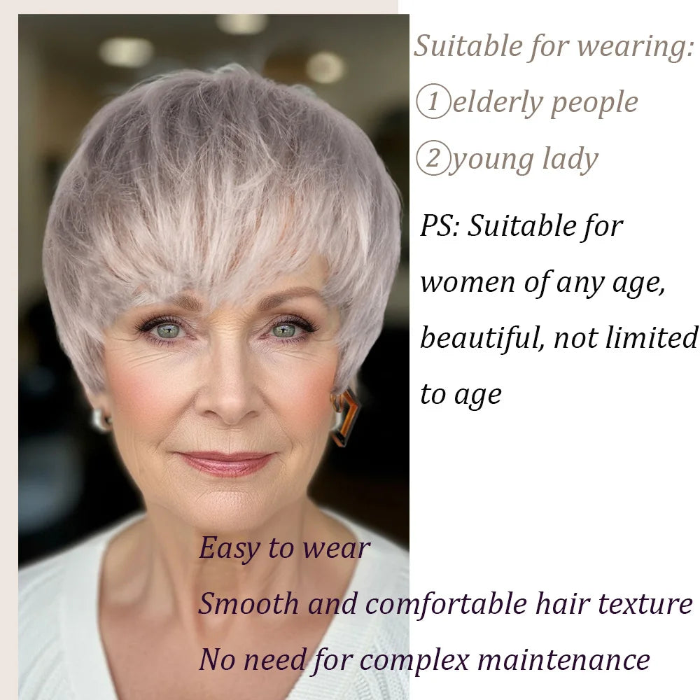 Silvery grey Human Hair Wigs With Bangs - Sliver Grey Straight Pixie Cut Wig for Women