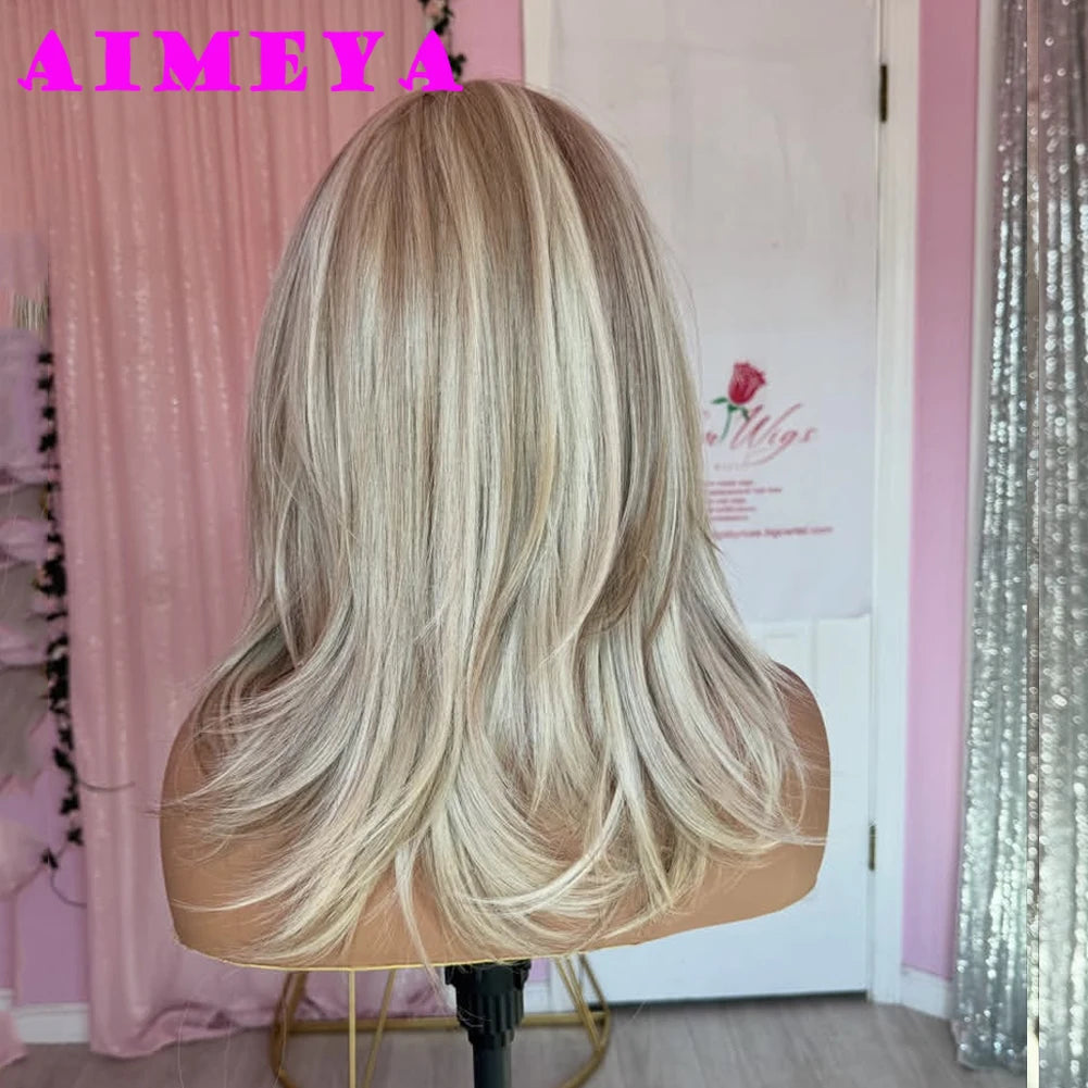 Blonde Highlights Wig - 13x4 Layered Cut Lace Front Wig for Women, Shoulder Length, Heat Resistant Synthetic Hair