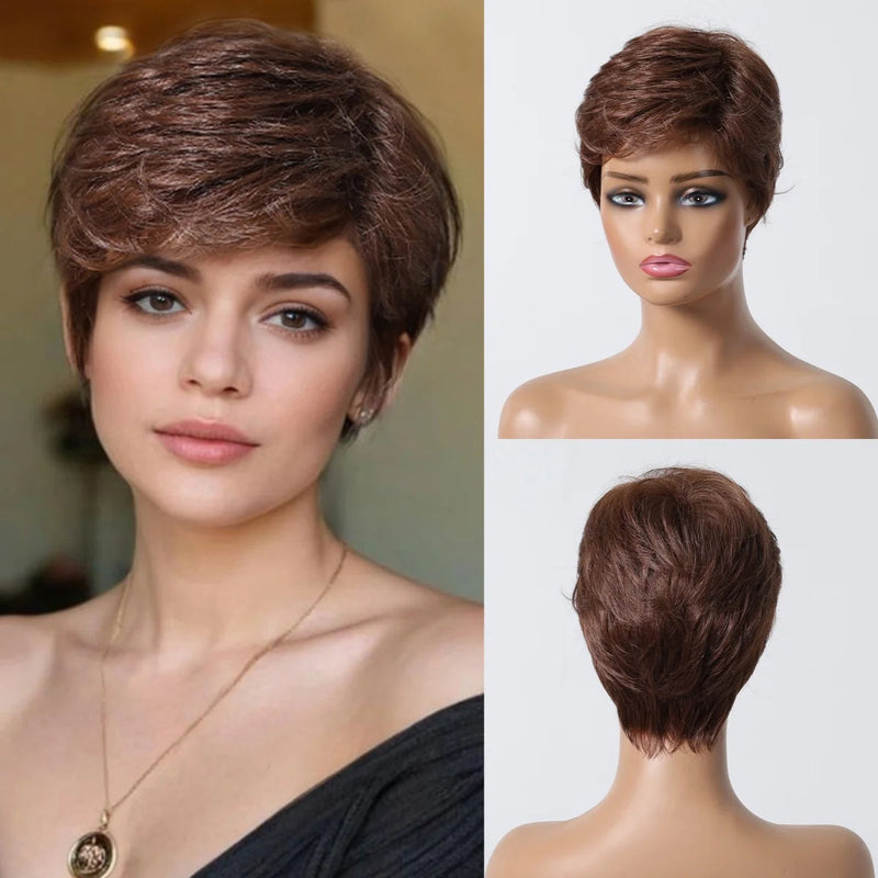 Short Pixie Cut Grey Human Hair Wig - 8 Inch Layered Fashion Blend Wig for Women, Daily Use Sweet T 52