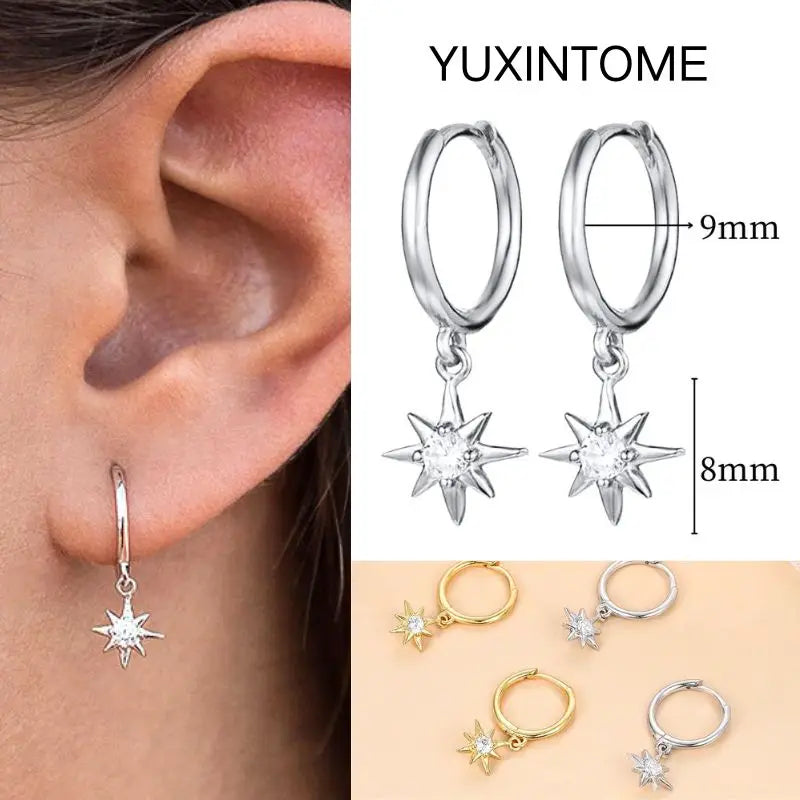 925 Silver Needle Star Hoop Earrings for Women - Five-pointed Star and Moon Pendant Huggie Earrings