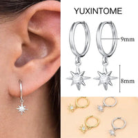 925 Silver Needle Star Hoop Earrings for Women - Five-pointed Star and Moon Pendant Huggie Earrings