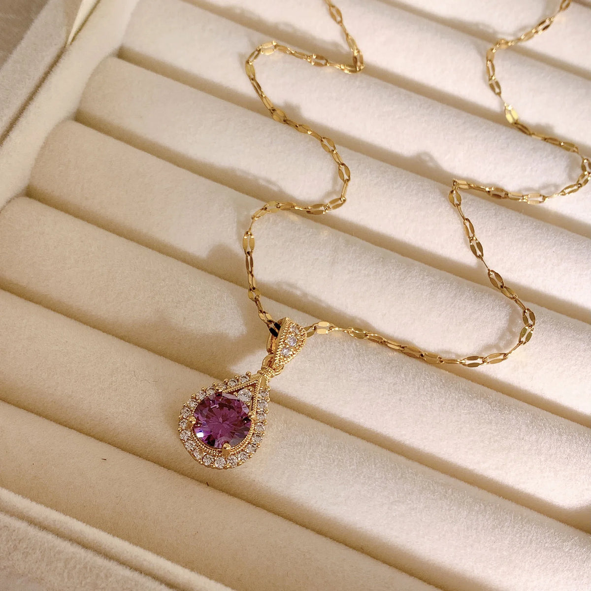 Romantic Vintage Teardrop Necklace for Women, Round Purple Stone Halo Setting - Gold Plated Pendant Necklace