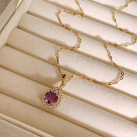 Romantic Vintage Teardrop Necklace for Women, Round Purple Stone Halo Setting - Gold Plated Pendant Necklace