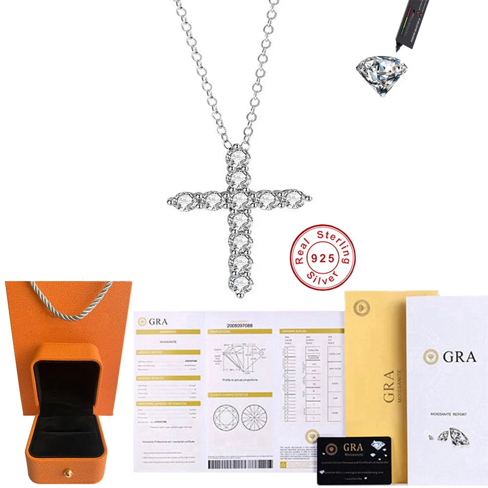 Moissanite Cross Pendant Necklace, Marked 925 Sterling Silver